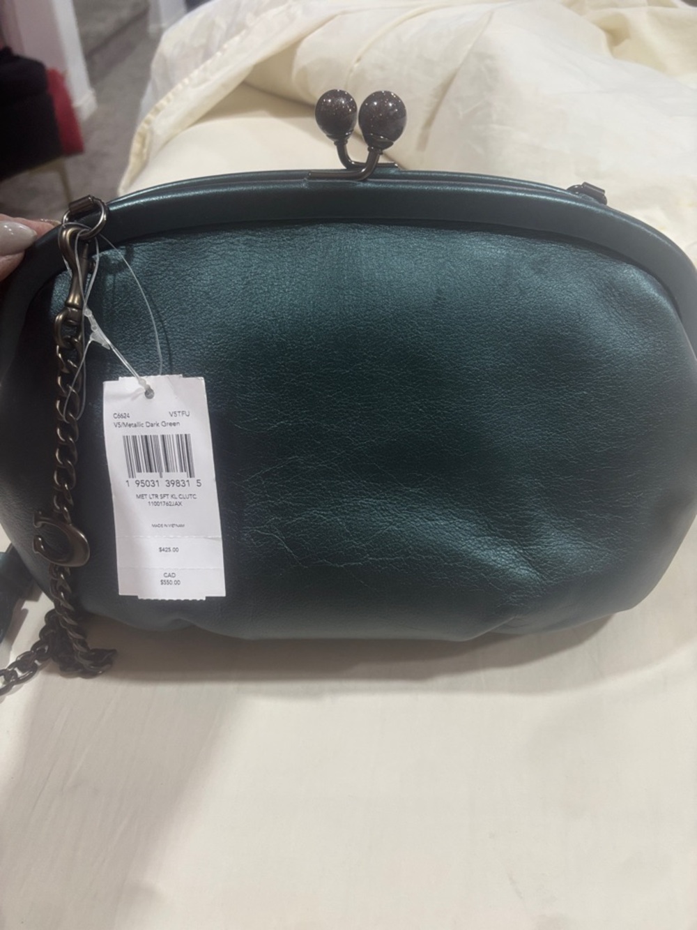 Coach Dark Green Leather Kiss-Lock Wristlet